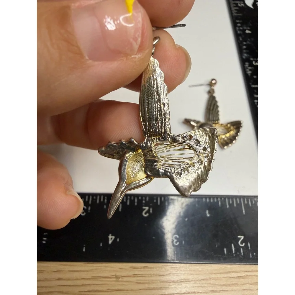 Two Tone Hummingbird Drop Earrings Silver Gold Tone Nature Bird Jewelry